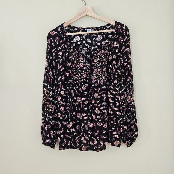 Old Navy Top Women M Black Floral Paisley Puff Sleeves Tassels Boho Empire Waist - Picture 1 of 16